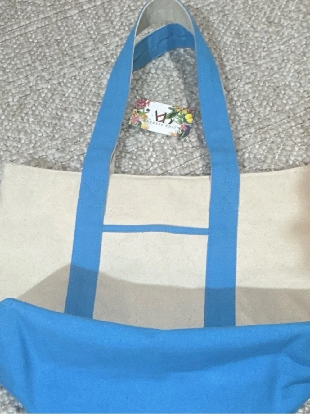 Canvas Tote Bag with Blue Handles and Embroidered Fish